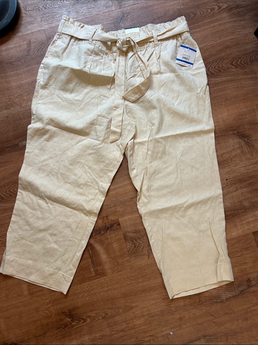 Anne Klein Cream Paperbag Waist Linen-Blend Chinos